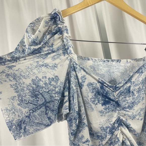 Cottagecore Medium Chic Tree Chinoiserie Art Artsy Print Puff Sleeve Ruched Top - Picture 5 of 5